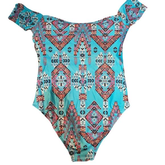 Mae Anne Off Shoulder Women's One-Piece Bathing Suit Aztec Blue Size Large - Picture 4 of 5